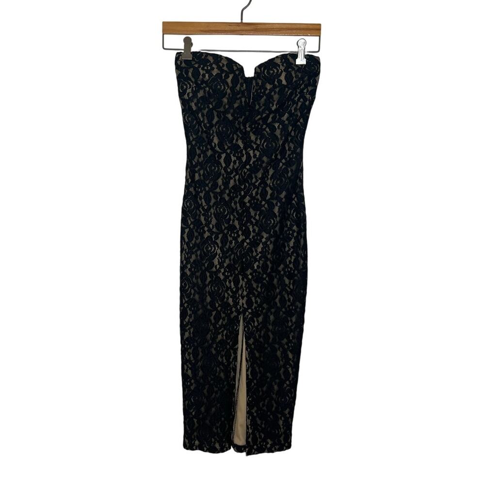 GLAMAZON Women's Black Tan Strapless Tube Top Dress Midi Front Slit Size Small